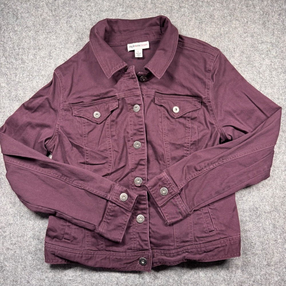 Style‎ & Co Denim Womens Plum Purple Stretch Jean Jacket Large FA15 1003362